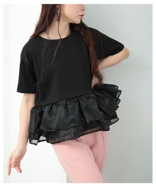 Sawa a la mode(サワアラモード)の「オーガンジ―フリルドッキングトップス(Tシャツ/カットソー・レディース・ブラック/ブラック×ホワイト・FREE)」の6枚目の写真
