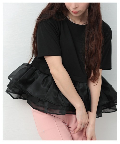 Sawa a la mode(サワアラモード)の「オーガンジ―フリルドッキングトップス(Tシャツ/カットソー・レディース・ブラック/ブラック×ホワイト・FREE)」の9枚目の写真