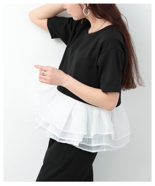 Sawa a la mode(サワアラモード)の「オーガンジ―フリルドッキングトップス(Tシャツ/カットソー・レディース・ブラック/ブラック×ホワイト・FREE)」の13枚目の写真