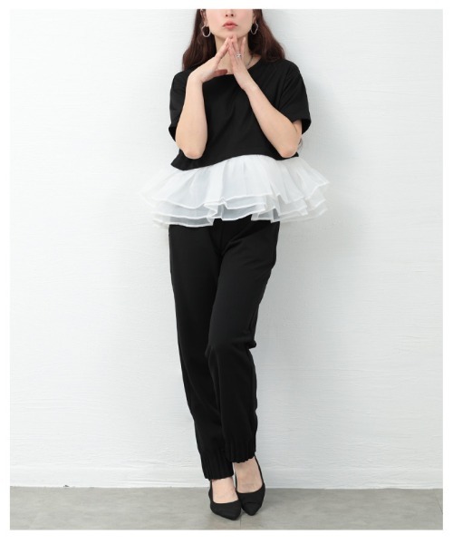 Sawa a la mode(サワアラモード)の「オーガンジ―フリルドッキングトップス(Tシャツ/カットソー・レディース・ブラック/ブラック×ホワイト・FREE)」の14枚目の写真