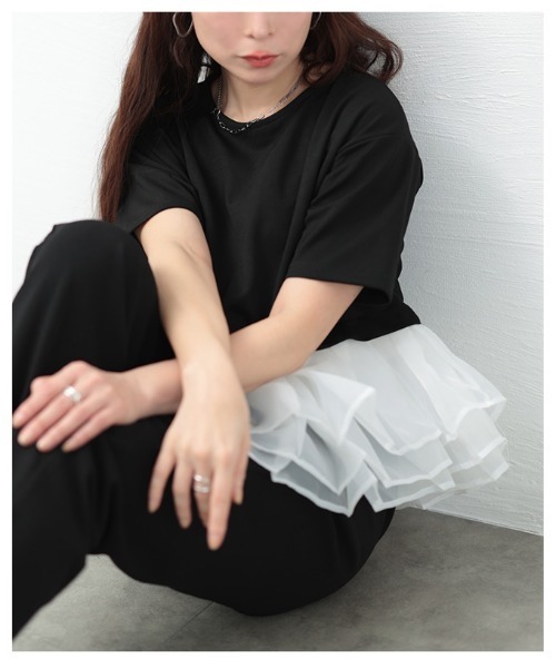 Sawa a la mode(サワアラモード)の「オーガンジ―フリルドッキングトップス(Tシャツ/カットソー・レディース・ブラック/ブラック×ホワイト・FREE)」の15枚目の写真