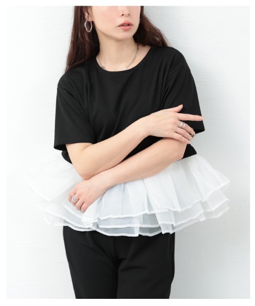 Sawa a la mode(サワアラモード)の「オーガンジ―フリルドッキングトップス(Tシャツ/カットソー・レディース・ブラック/ブラック×ホワイト・FREE)」の16枚目の写真