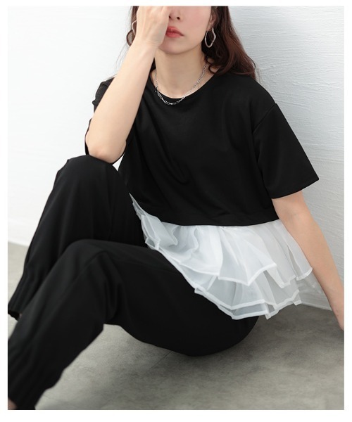 Sawa a la mode(サワアラモード)の「オーガンジ―フリルドッキングトップス(Tシャツ/カットソー・レディース・ブラック/ブラック×ホワイト・FREE)」の21枚目の写真