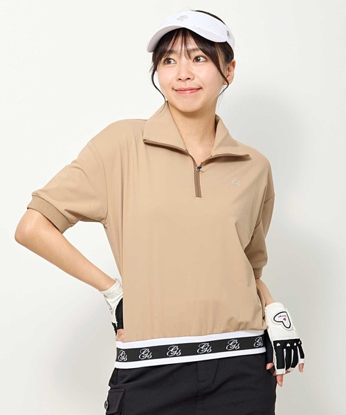 TopIsm（トップイズム）の「ゴルフウェア モックネックシャツ ハイネック 半袖 ハーフジップ リブロゴトップス ポロシャツ 刺繍 レディース（ゴルフグッズ・レディース・ホワイト/ベージュ/ブラック・M/L）」の3枚目の写真