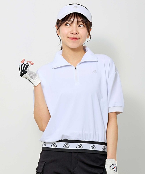 TopIsm（トップイズム）の「ゴルフウェア モックネックシャツ ハイネック 半袖 ハーフジップ リブロゴトップス ポロシャツ 刺繍 レディース（ゴルフグッズ・レディース・ホワイト/ベージュ/ブラック・M/L）」の1枚目の写真