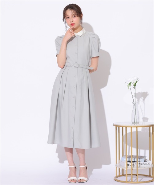 SWINGLE（スウィングル）の「サマーツイードバイカラー衿ハーフスリーブワンピース（ワンピース・レディース・ライトベージュ/ネイビー/ミント・FREE）」の2枚目の写真