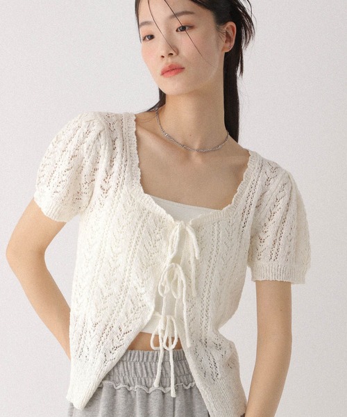 Heather（ヘザー）の「透かし編みメッシュ半袖カーディガン 497370