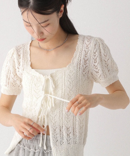 Heather（ヘザー）の「透かし編みメッシュ半袖カーディガン 497370