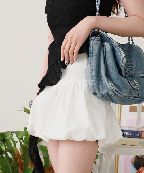 セール】Gathered mini skirt with embroidery design / リボン