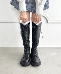 バックファスナーレースアップロングブーツ