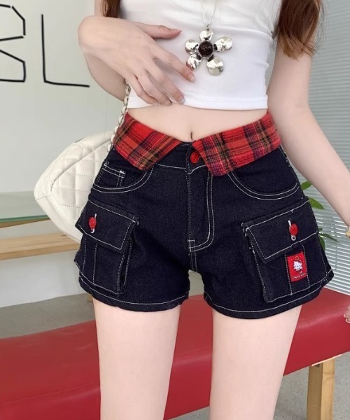 セール】Y2K チェックカラー デニムショートパンツ（デニムパンツ