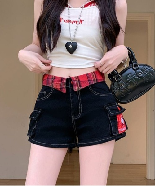 Y2K チェックカラー デニムショートパンツ（デニムパンツ）｜gossip