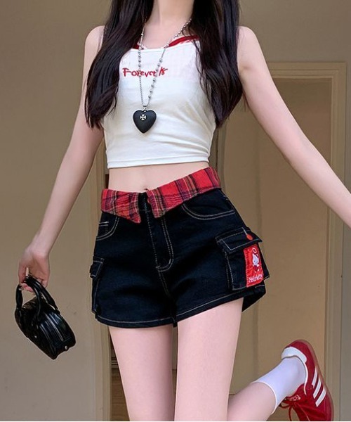 セール】Y2K チェックカラー デニムショートパンツ（デニムパンツ