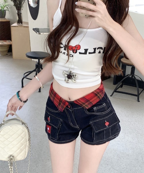 セール】Y2K チェックカラー デニムショートパンツ（デニムパンツ