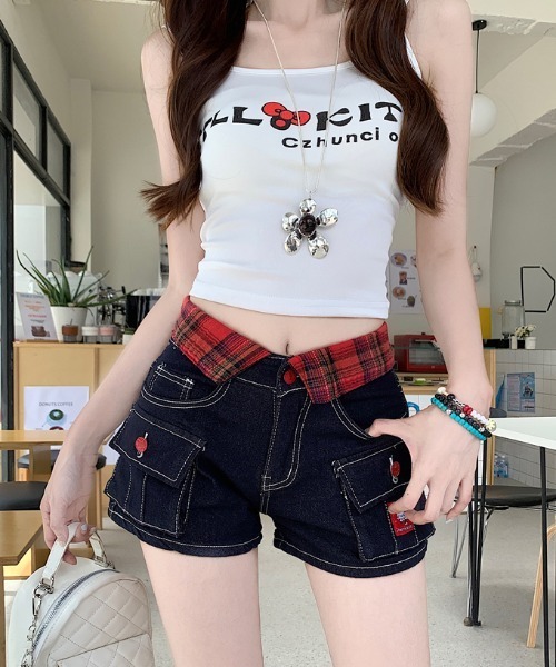 Y2K チェックカラー デニムショートパンツ（デニムパンツ）｜gossip