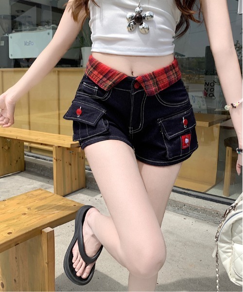 セール】Y2K チェックカラー デニムショートパンツ（デニムパンツ
