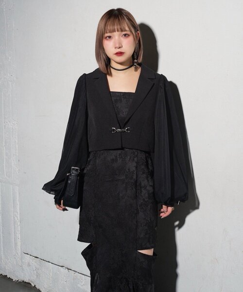 【Mavie.7】 袖チュールショートジャケット(完売品) Mavie..7】チュール袖ショートジャケット（テーラードジャケット