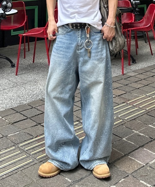rhinestone jewelry baggy denim pants - ラインストーン