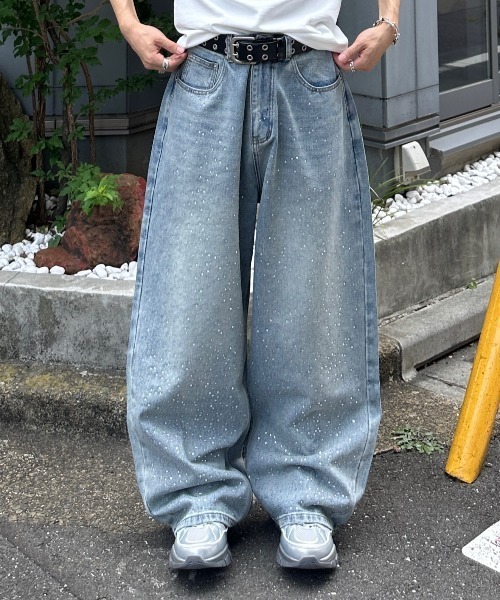 ラインストーン　バギーパンツ ラインストーンorパールコットンデニムバギーパンツ[品番