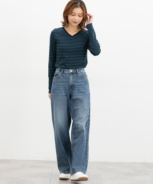 Honeys(ハニーズ)の「オーガニックVネックT(Tシャツ/カットソー・レディース・ネイビー/ネイビー系1/ブラック×ベージュ/ブラック/ネイビー系2・L/LL/M)」の11枚目の写真