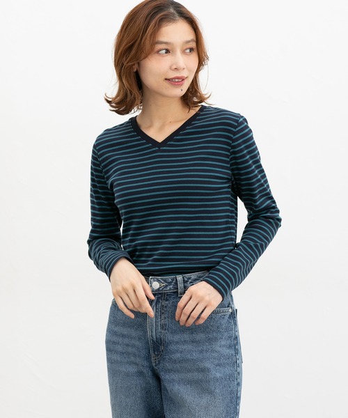 Honeys(ハニーズ)の「オーガニックVネックT(Tシャツ/カットソー・レディース・ネイビー/ネイビー系1/ブラック×ベージュ/ブラック/ネイビー系2・L/LL/M)」の12枚目の写真