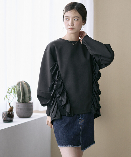 Firsthand（ファーストハンド）の「Firsthand/ファーストハンド フリル ドッキング ダンボール スウェット プルオーバー（スウェット・レディース・ブラック/オフホワイト/グレー・FREE）」の3枚目の写真