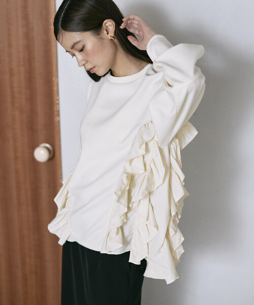 Firsthand（ファーストハンド）の「Firsthand/ファーストハンド フリル ドッキング ダンボール スウェット プルオーバー（スウェット・レディース・ブラック/オフホワイト/グレー・FREE）」の4枚目の写真