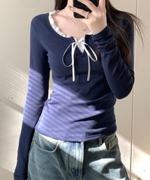 裏起毛 クルーネック フェイクレイヤード リボン付き プルオーバー