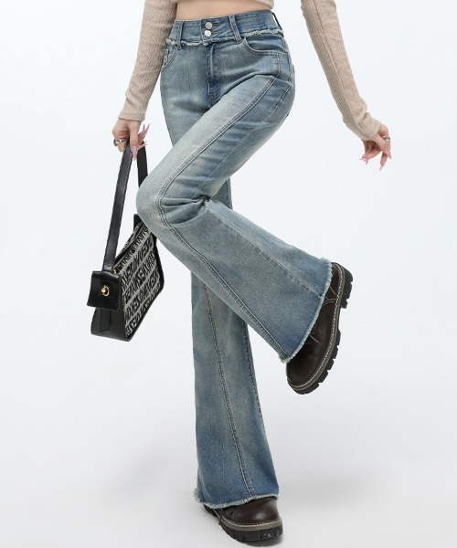 HANDO（ハンド）の「裾フリンジフレアデニムパンツ ハイウエスト ストレッチ【オフィスカジュアル】【きれいめカジュアル】 レディース 美シルエット 韓国風（デニムパンツ・レディース・ブラック/ブルー・XL/M/S/XXL/L）」の6枚目の写真