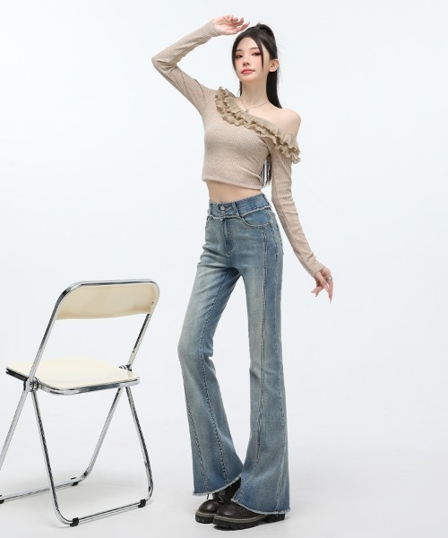 HANDO（ハンド）の「裾フリンジフレアデニムパンツ ハイウエスト ストレッチ【オフィスカジュアル】【きれいめカジュアル】 レディース 美シルエット 韓国風（デニムパンツ・レディース・ブラック/ブルー・XL/M/S/XXL/L）」の7枚目の写真