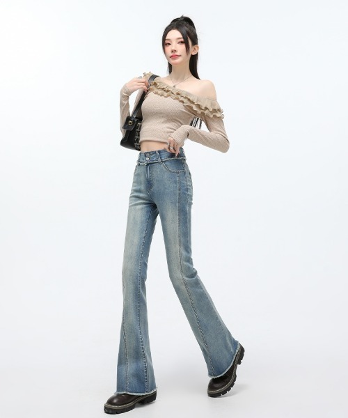 HANDO（ハンド）の「裾フリンジフレアデニムパンツ ハイウエスト ストレッチ【オフィスカジュアル】【きれいめカジュアル】 レディース 美シルエット 韓国風（デニムパンツ・レディース・ブラック/ブルー・XL/M/S/XXL/L）」の8枚目の写真