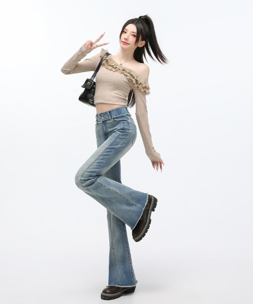 HANDO（ハンド）の「裾フリンジフレアデニムパンツ ハイウエスト ストレッチ【オフィスカジュアル】【きれいめカジュアル】 レディース 美シルエット 韓国風（デニムパンツ・レディース・ブラック/ブルー・XL/M/S/XXL/L）」の9枚目の写真