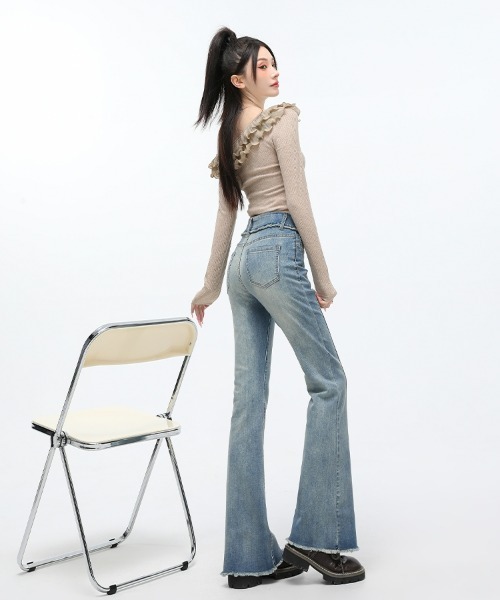 HANDO（ハンド）の「裾フリンジフレアデニムパンツ ハイウエスト ストレッチ【オフィスカジュアル】【きれいめカジュアル】 レディース 美シルエット 韓国風（デニムパンツ・レディース・ブラック/ブルー・XL/M/S/XXL/L）」の10枚目の写真