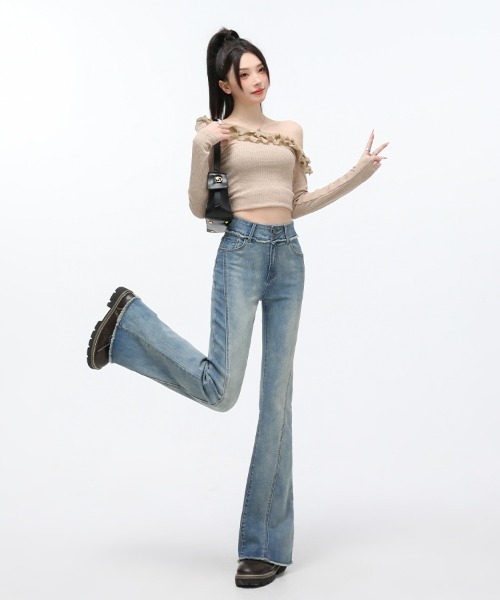 HANDO（ハンド）の「裾フリンジフレアデニムパンツ ハイウエスト ストレッチ【オフィスカジュアル】【きれいめカジュアル】 レディース 美シルエット 韓国風（デニムパンツ・レディース・ブラック/ブルー・XL/M/S/XXL/L）」の11枚目の写真