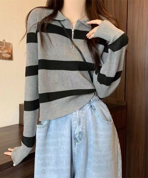 cammie(キャミー)の「ハーフジップワイドボーダーニット(ニット/セーター・レディース・ベージュ/ブラウン/ブラック/グレー・F)」の3枚目の写真