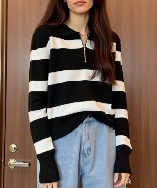 cammie(キャミー)の「ハーフジップワイドボーダーニット(ニット/セーター・レディース・ベージュ/ブラウン/ブラック/グレー・F)」の2枚目の写真