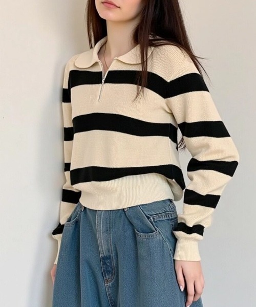 cammie(キャミー)の「ハーフジップワイドボーダーニット(ニット/セーター・レディース・ベージュ/ブラウン/ブラック/グレー・F)」の13枚目の写真