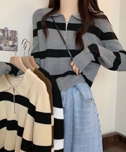 cammie(キャミー)の「ハーフジップワイドボーダーニット(ニット/セーター・レディース・ベージュ/ブラウン/ブラック/グレー・F)」の7枚目の写真