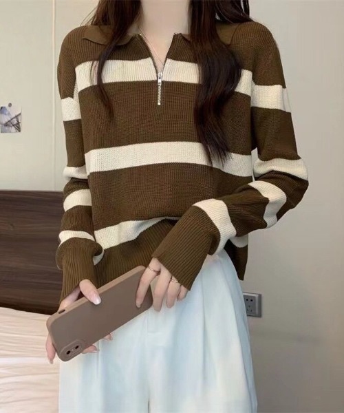 cammie(キャミー)の「ハーフジップワイドボーダーニット(ニット/セーター・レディース・ベージュ/ブラウン/ブラック/グレー・F)」の16枚目の写真