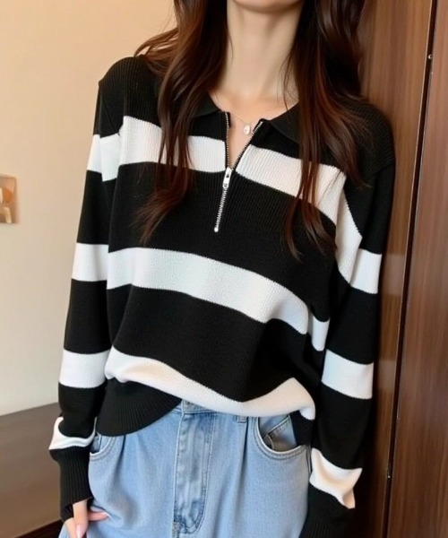 cammie(キャミー)の「ハーフジップワイドボーダーニット(ニット/セーター・レディース・ベージュ/ブラウン/ブラック/グレー・F)」の6枚目の写真