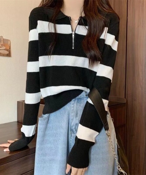 cammie(キャミー)の「ハーフジップワイドボーダーニット(ニット/セーター・レディース・ベージュ/ブラウン/ブラック/グレー・F)」の15枚目の写真