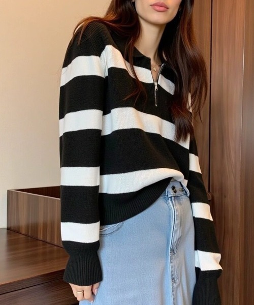 cammie(キャミー)の「ハーフジップワイドボーダーニット(ニット/セーター・レディース・ベージュ/ブラウン/ブラック/グレー・F)」の18枚目の写真
