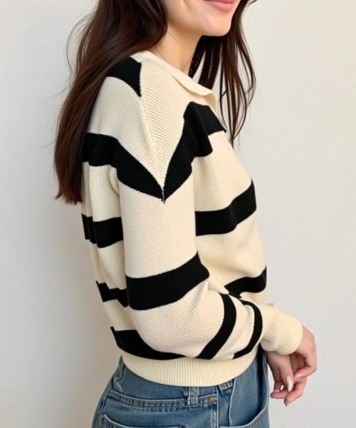 cammie(キャミー)の「ハーフジップワイドボーダーニット(ニット/セーター・レディース・ベージュ/ブラウン/ブラック/グレー・F)」の10枚目の写真