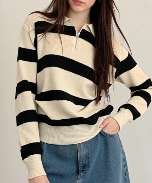 cammie(キャミー)の「ハーフジップワイドボーダーニット(ニット/セーター・レディース・ベージュ/ブラウン/ブラック/グレー・F)」の11枚目の写真