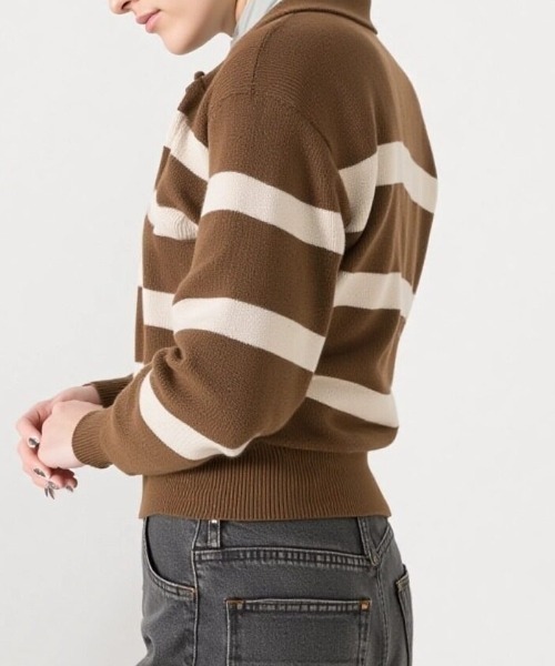 cammie(キャミー)の「ハーフジップワイドボーダーニット(ニット/セーター・レディース・ベージュ/ブラウン/ブラック/グレー・F)」の20枚目の写真