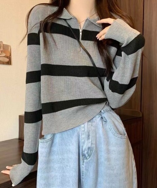 cammie(キャミー)の「ハーフジップワイドボーダーニット(ニット/セーター・レディース・ベージュ/ブラウン/ブラック/グレー・F)」の12枚目の写真