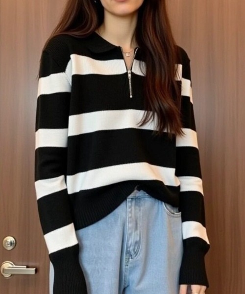 cammie(キャミー)の「ハーフジップワイドボーダーニット(ニット/セーター・レディース・ベージュ/ブラウン/ブラック/グレー・F)」の21枚目の写真
