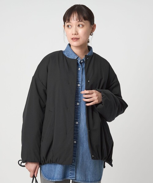 美品パフィー ノーカラー ブルゾン ―ウォッシャブル size SHORTあり］パフィー ノーカラー ブルゾン 撥水 保温性