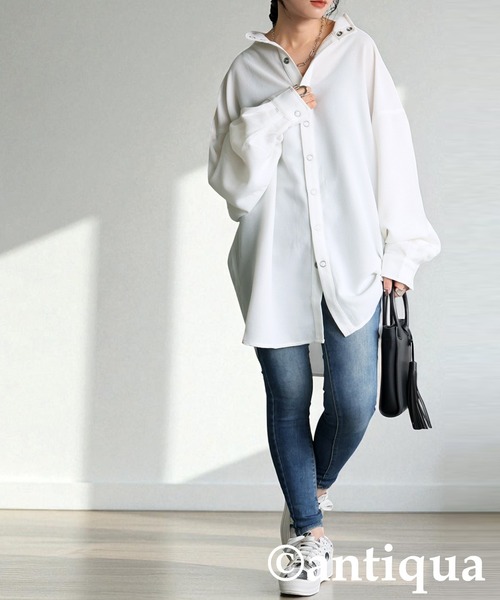 antiqua(アンティカ)の「スタンドカラー シャツ(シャツ/ブラウス・レディース・ブラック/ホワイト・ONESIZE)」の3枚目の写真