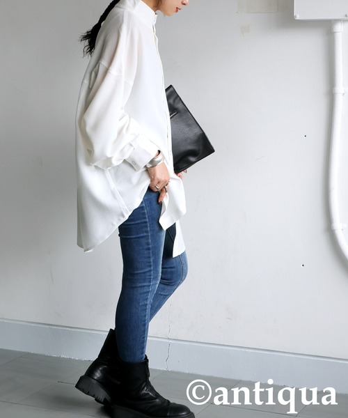 antiqua(アンティカ)の「スタンドカラー シャツ(シャツ/ブラウス・レディース・ブラック/ホワイト・ONESIZE)」の4枚目の写真
